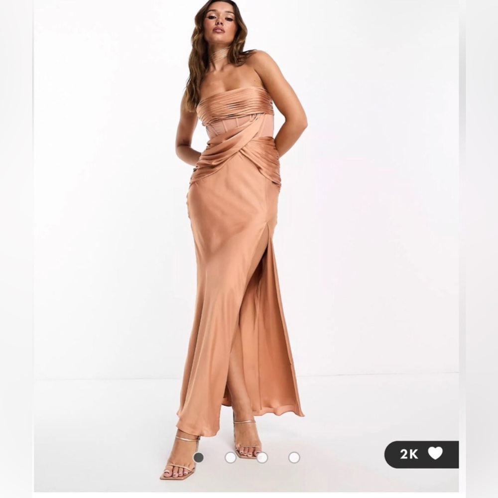 ASOS Design Maxi Dress Satin Draped  Corset Side Slit Party Formal Gown Nude NYE